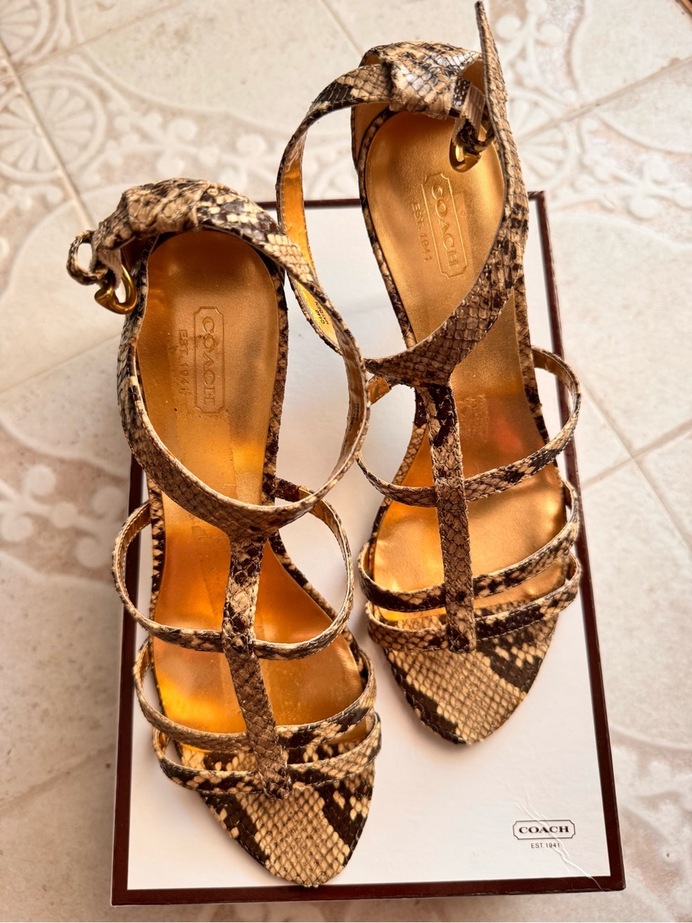 COACH. Hayden Printed Python Leather Strappy Sandals. 3” heel.  SIZE 8.5.